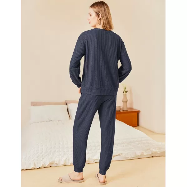 Ekouaer Waffle Knit Lounge Sets for Women Long Sleeve Pajamas Set with Pockets 2 Pieces Outfits Top and PantsNavy Blue