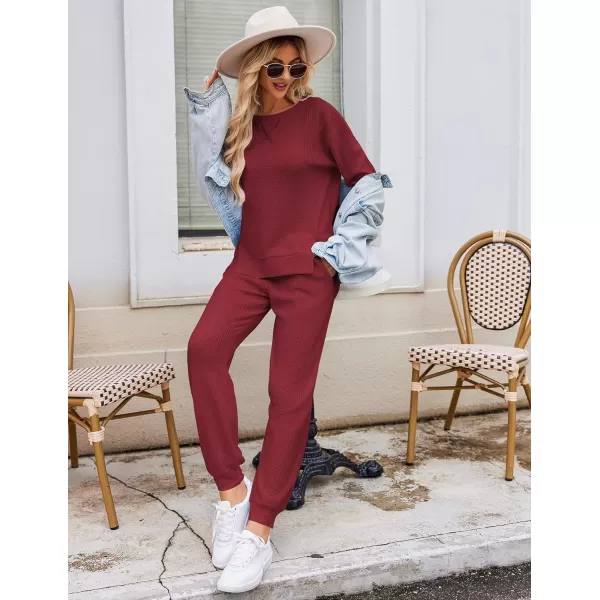 Ekouaer Waffle Knit Lounge Sets for Women Long Sleeve Pajamas Set with Pockets 2 Pieces Outfits Top and PantsWine Red