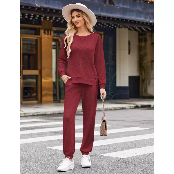 Ekouaer Waffle Knit Lounge Sets for Women Long Sleeve Pajamas Set with Pockets 2 Pieces Outfits Top and PantsWine Red