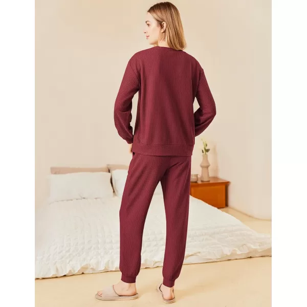 Ekouaer Waffle Knit Lounge Sets for Women Long Sleeve Pajamas Set with Pockets 2 Pieces Outfits Top and PantsWine Red