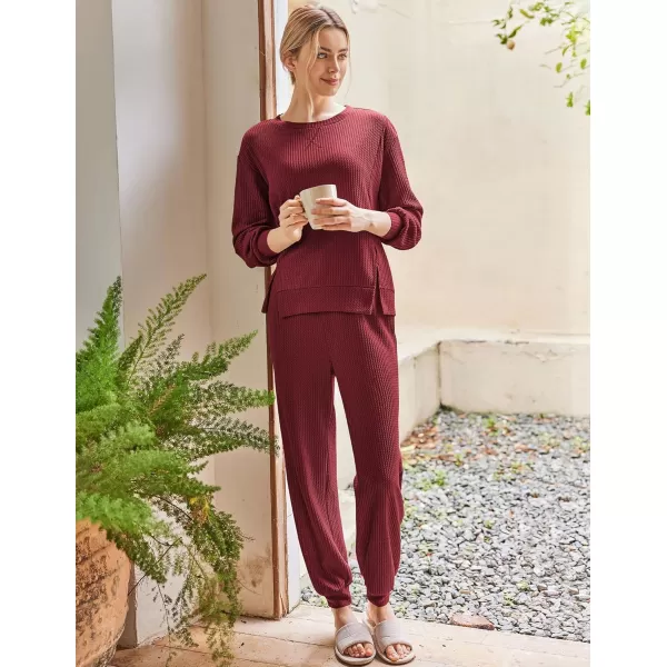 Ekouaer Waffle Knit Lounge Sets for Women Long Sleeve Pajamas Set with Pockets 2 Pieces Outfits Top and PantsWine Red