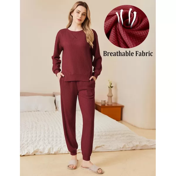 Ekouaer Waffle Knit Lounge Sets for Women Long Sleeve Pajamas Set with Pockets 2 Pieces Outfits Top and PantsWine Red