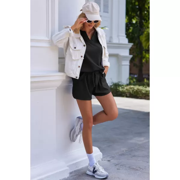 Ekouaer Waffle Knit Pajamas Set Womens Loungewear Short Sleeve Lounge Set 2 Piece PJ Sets SXXLBlack