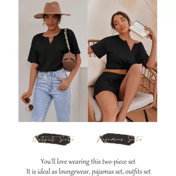 Ekouaer Waffle Knit Pajamas Set Womens Loungewear Short Sleeve Lounge Set 2 Piece PJ Sets SXXLBlack
