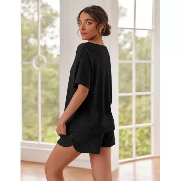Ekouaer Waffle Knit Pajamas Set Womens Loungewear Short Sleeve Lounge Set 2 Piece PJ Sets SXXLBlack