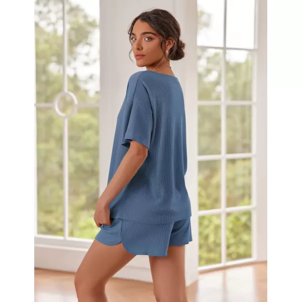 Ekouaer Waffle Knit Pajamas Set Womens Loungewear Short Sleeve Lounge Set 2 Piece PJ Sets SXXLBlue