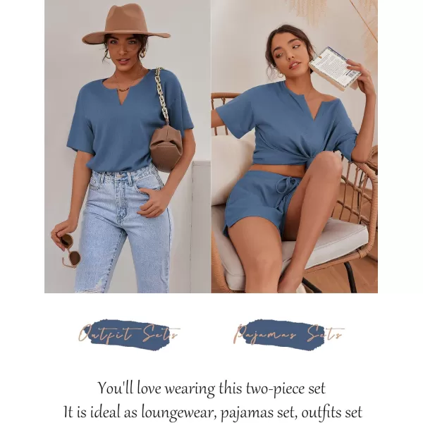 Ekouaer Waffle Knit Pajamas Set Womens Loungewear Short Sleeve Lounge Set 2 Piece PJ Sets SXXLBlue