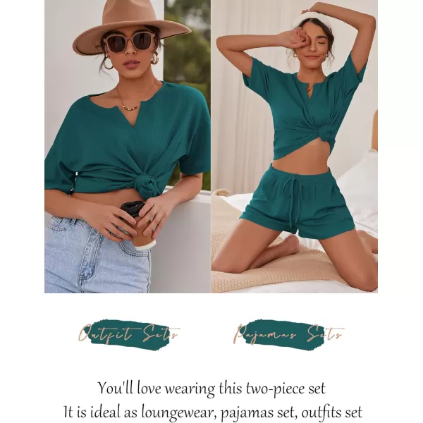 Ekouaer Waffle Knit Pajamas Set Womens Loungewear Short Sleeve Lounge Set 2 Piece PJ Sets SXXLBlue Green