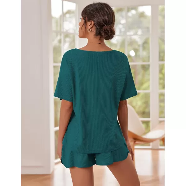 Ekouaer Waffle Knit Pajamas Set Womens Loungewear Short Sleeve Lounge Set 2 Piece PJ Sets SXXLBlue Green