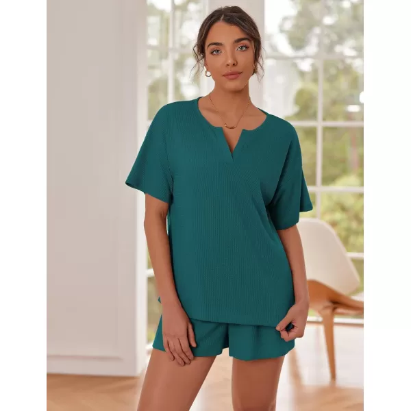 Ekouaer Waffle Knit Pajamas Set Womens Loungewear Short Sleeve Lounge Set 2 Piece PJ Sets SXXLBlue Green