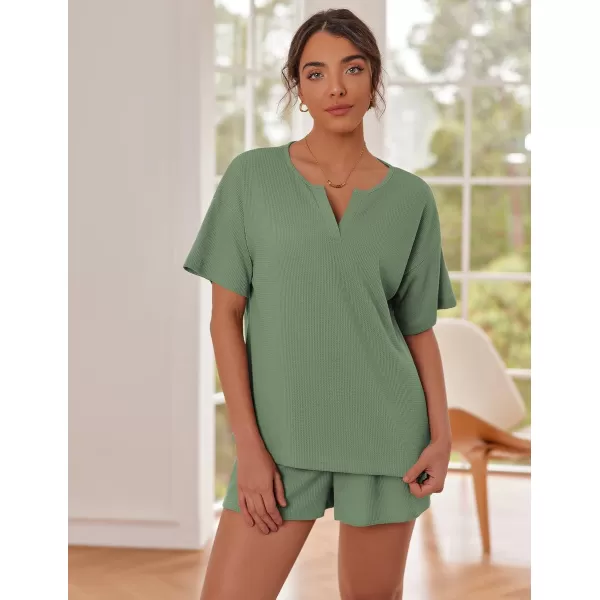 Ekouaer Waffle Knit Pajamas Set Womens Loungewear Short Sleeve Lounge Set 2 Piece PJ Sets SXXLGrey Green