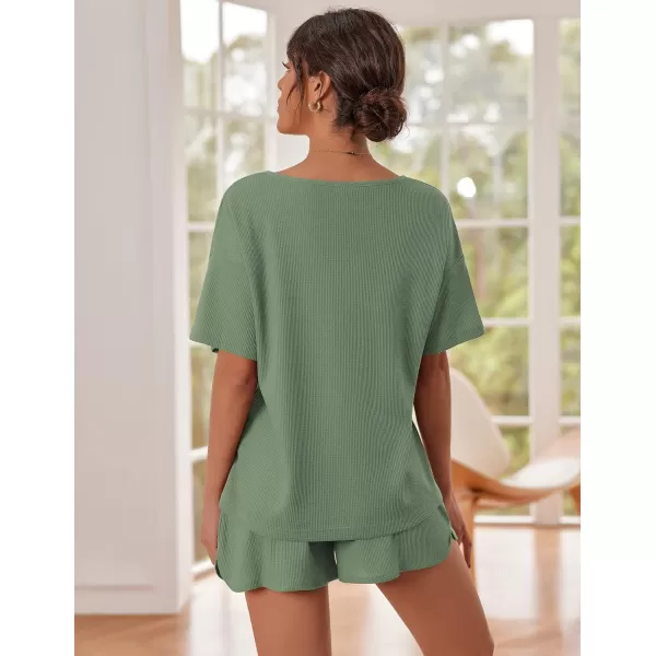 Ekouaer Waffle Knit Pajamas Set Womens Loungewear Short Sleeve Lounge Set 2 Piece PJ Sets SXXLGrey Green