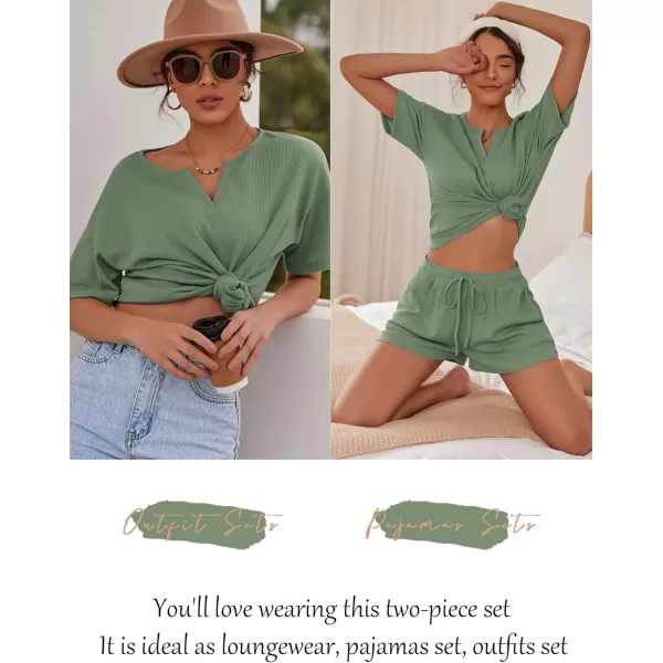 Ekouaer Waffle Knit Pajamas Set Womens Loungewear Short Sleeve Lounge Set 2 Piece PJ Sets SXXLGrey Green