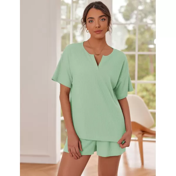 Ekouaer Waffle Knit Pajamas Set Womens Loungewear Short Sleeve Lounge Set 2 Piece PJ Sets SXXLIce Green