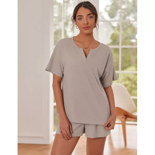 Ekouaer Waffle Knit Pajamas Set Womens Loungewear Short Sleeve Lounge Set 2 Piece PJ Sets SXXLLight Gray