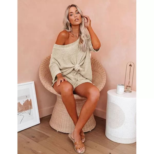 Ekouaer Women 2 Piece Outfits Sets Off Shoulder Knit Pajama Set 34 Sleeve Tops Drawstring Waist Shorts SuitsAbeige