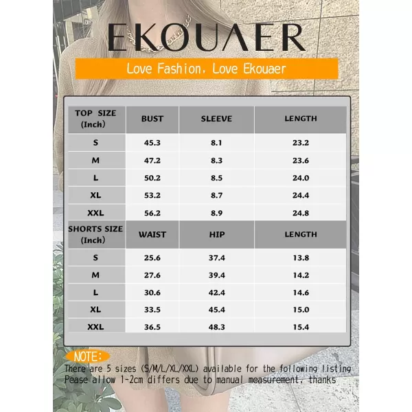 Ekouaer Women 2 Piece Outfits Sets Off Shoulder Knit Pajama Set 34 Sleeve Tops Drawstring Waist Shorts SuitsBlack