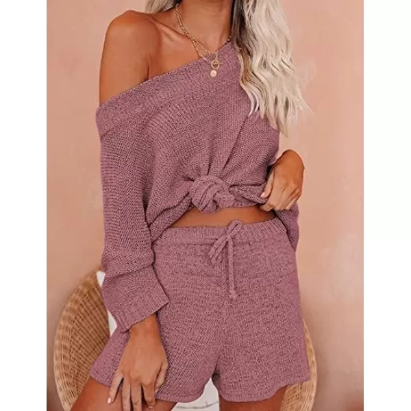 Ekouaer Women 2 Piece Outfits Sets Off Shoulder Knit Pajama Set 34 Sleeve Tops Drawstring Waist Shorts SuitsCoral Pink 2