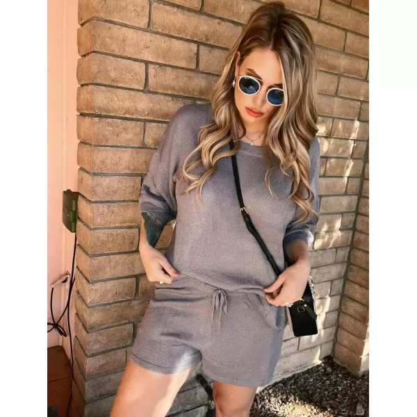 Ekouaer Women 2 Piece Outfits Sets Off Shoulder Knit Pajama Set 34 Sleeve Tops Drawstring Waist Shorts SuitsGrey