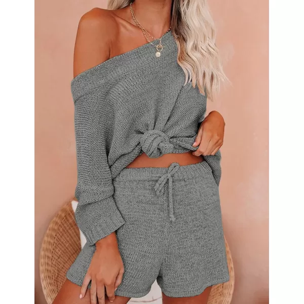 Ekouaer Women 2 Piece Outfits Sets Off Shoulder Knit Pajama Set 34 Sleeve Tops Drawstring Waist Shorts SuitsGrey