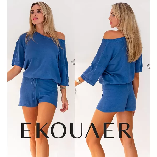 Ekouaer Women 2 Piece Outfits Sets Off Shoulder Knit Pajama Set 34 Sleeve Tops Drawstring Waist Shorts SuitsNavy