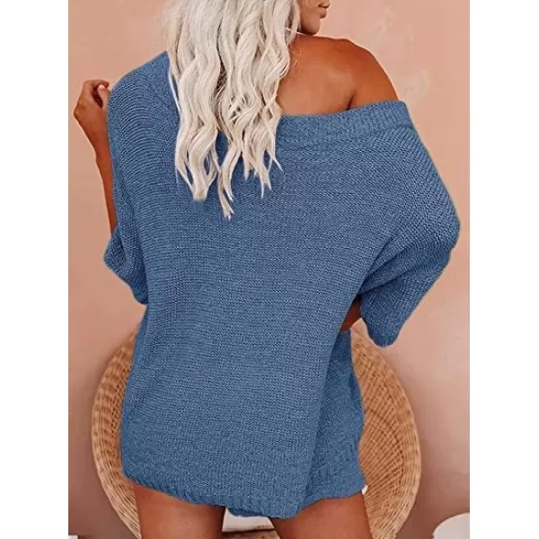 Ekouaer Women 2 Piece Outfits Sets Off Shoulder Knit Pajama Set 34 Sleeve Tops Drawstring Waist Shorts SuitsNavy Blue 2