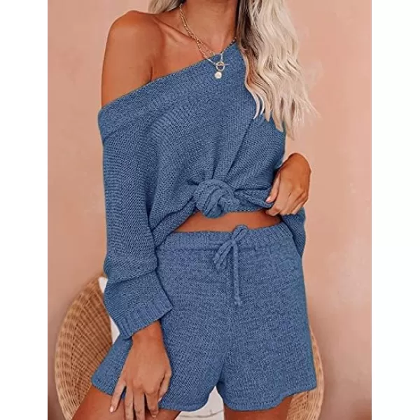 Ekouaer Women 2 Piece Outfits Sets Off Shoulder Knit Pajama Set 34 Sleeve Tops Drawstring Waist Shorts SuitsNavy Blue 2