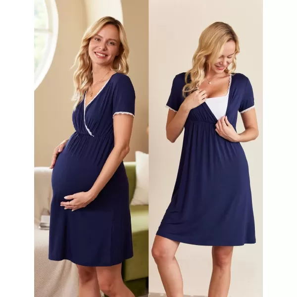 Ekouaer Women 3 in 1 DeliveryLaborMaternityNursing Nightgown Short Sleeve Pleated Breastfeeding Sleep DressSXXLA Navy Blue