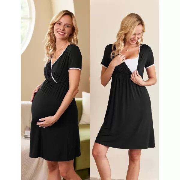 Ekouaer Women 3 in 1 DeliveryLaborMaternityNursing Nightgown Short Sleeve Pleated Breastfeeding Sleep DressSXXLBlack