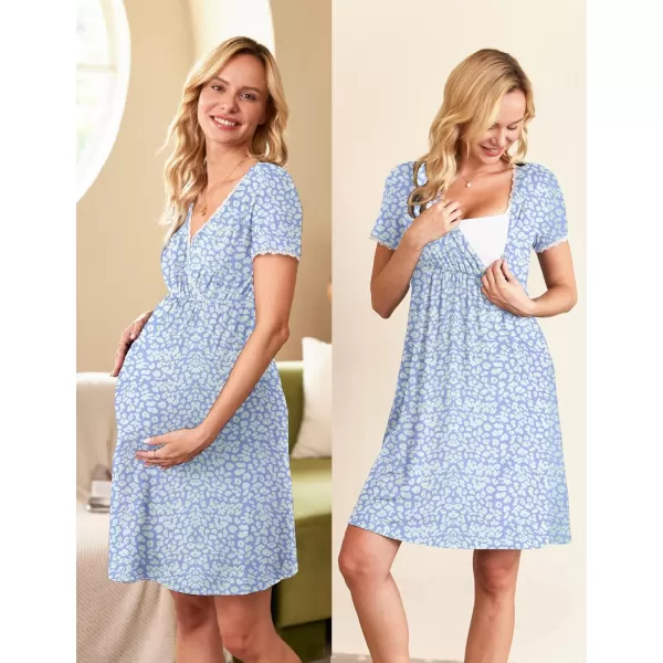 Ekouaer Women 3 in 1 DeliveryLaborMaternityNursing Nightgown Short Sleeve Pleated Breastfeeding Sleep DressSXXLBlue Leopard