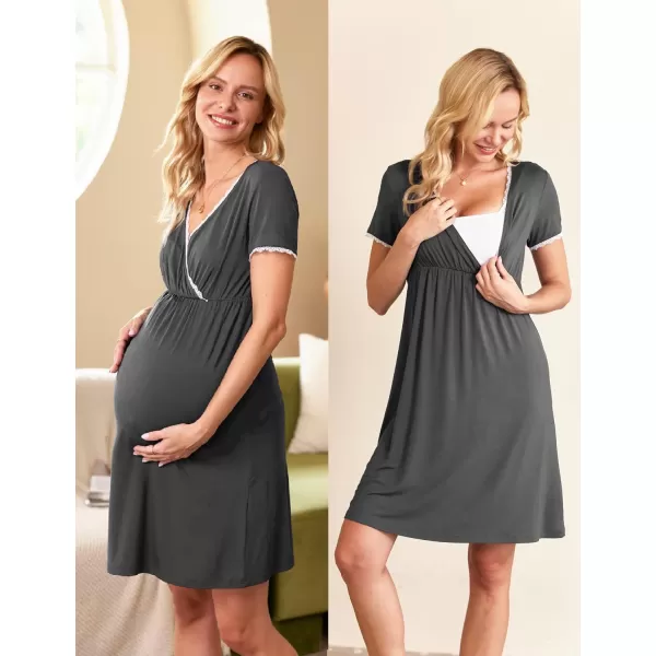 Ekouaer Women 3 in 1 DeliveryLaborMaternityNursing Nightgown Short Sleeve Pleated Breastfeeding Sleep DressSXXLGray