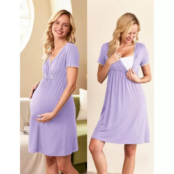 Ekouaer Women 3 in 1 DeliveryLaborMaternityNursing Nightgown Short Sleeve Pleated Breastfeeding Sleep DressSXXLLight Purple