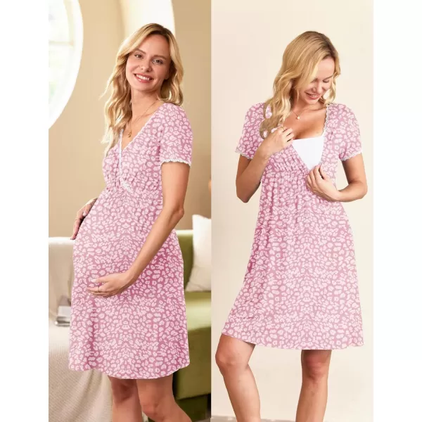 Ekouaer Women 3 in 1 DeliveryLaborMaternityNursing Nightgown Short Sleeve Pleated Breastfeeding Sleep DressSXXLPink Leopard