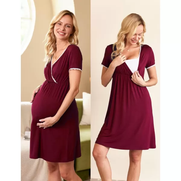 Ekouaer Women 3 in 1 DeliveryLaborMaternityNursing Nightgown Short Sleeve Pleated Breastfeeding Sleep DressSXXLWine Red