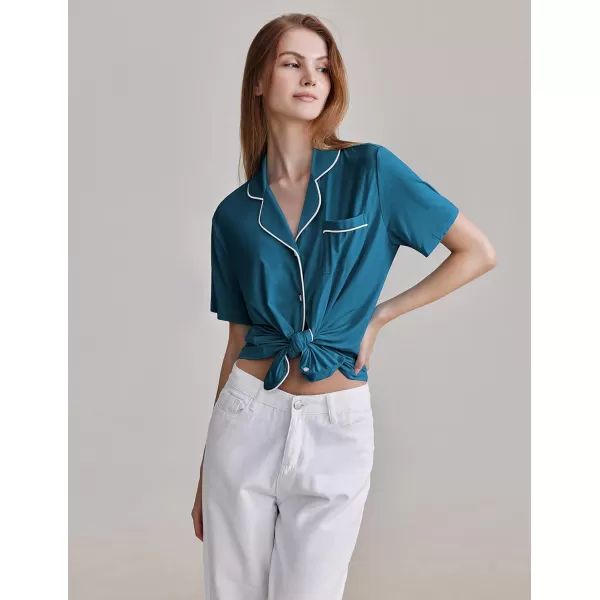 Ekouaer Women Classic Button Down Soft Short Pajamas SetBlue Green