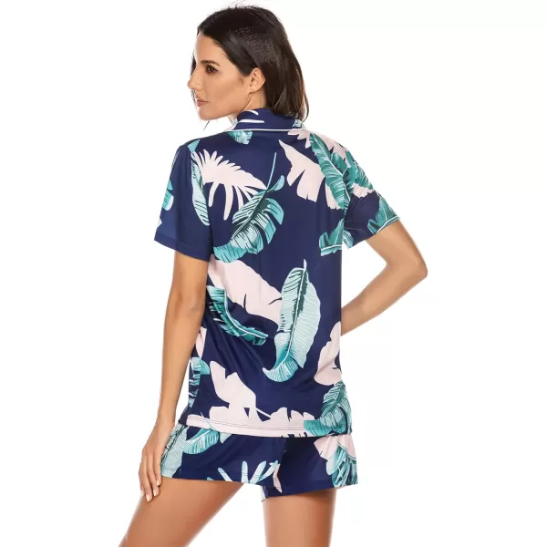 Ekouaer Women Classic Button Down Soft Short Pajamas SetPat2navy Leaves