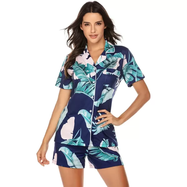 Ekouaer Women Classic Button Down Soft Short Pajamas SetPat2navy Leaves
