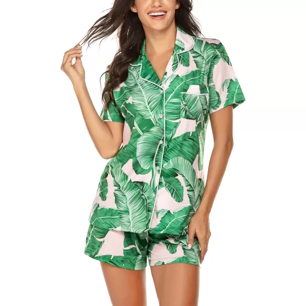 Ekouaer Women Classic Button Down Soft Short Pajamas SetPat3pink Leaves