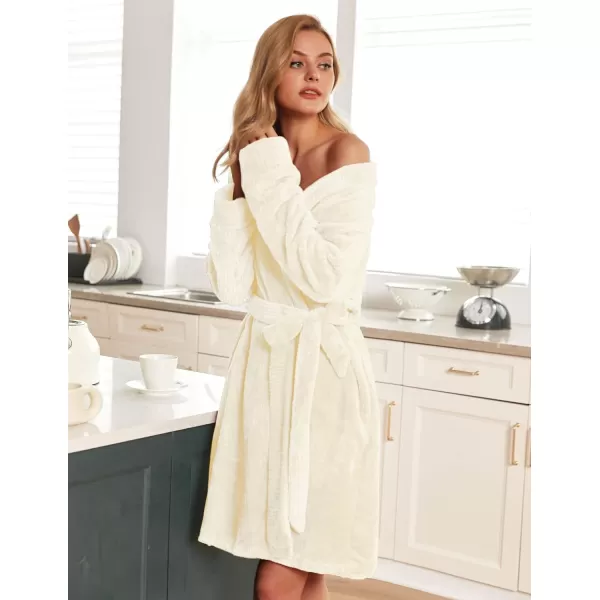 Ekouaer Women Fleece Bathrobe Plush Short Robe Long Sleeve Robe Attached Belt Soft Sleepwear Ladies Loungewear SXXLA Cream