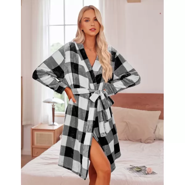 Ekouaer Women Fleece Bathrobe Plush Short Robe Long Sleeve Robe Attached Belt Soft Sleepwear Ladies Loungewear SXXLBlackampwhite Plaid