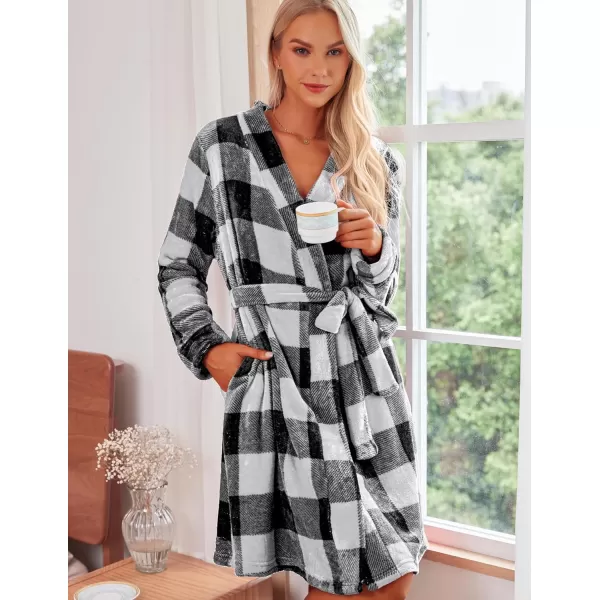 Ekouaer Women Fleece Bathrobe Plush Short Robe Long Sleeve Robe Attached Belt Soft Sleepwear Ladies Loungewear SXXLBlackampwhite Plaid