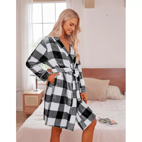 Ekouaer Women Fleece Bathrobe Plush Short Robe Long Sleeve Robe Attached Belt Soft Sleepwear Ladies Loungewear SXXLBlackampwhite Plaid