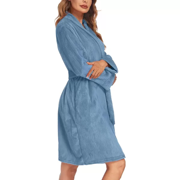 Ekouaer Women Fleece Bathrobe Plush Short Robe Long Sleeve Robe Attached Belt Soft Sleepwear Ladies Loungewear SXXLBlue