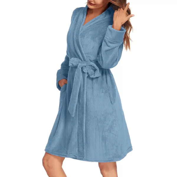 Ekouaer Women Fleece Bathrobe Plush Short Robe Long Sleeve Robe Attached Belt Soft Sleepwear Ladies Loungewear SXXLBlue