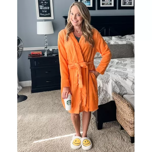 Ekouaer Women Fleece Bathrobe Plush Short Robe Long Sleeve Robe Attached Belt Soft Sleepwear Ladies Loungewear SXXLOrange