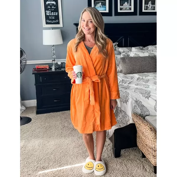 Ekouaer Women Fleece Bathrobe Plush Short Robe Long Sleeve Robe Attached Belt Soft Sleepwear Ladies Loungewear SXXLOrange