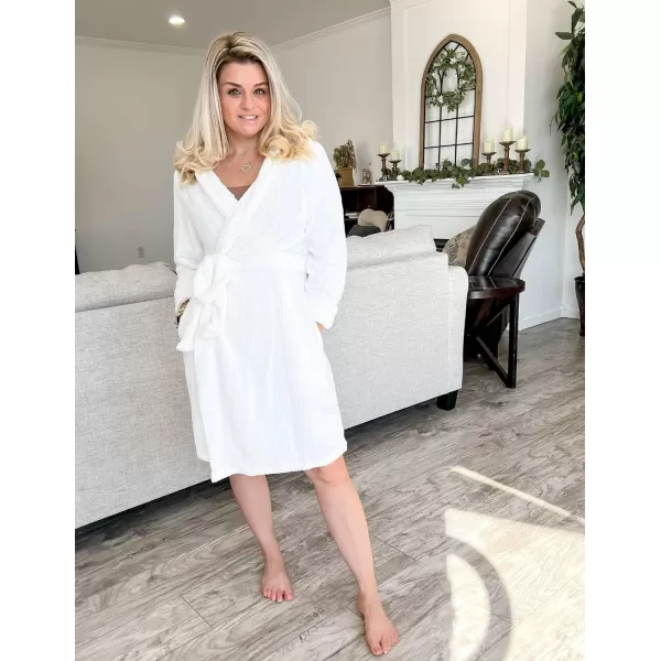 Ekouaer Women Fleece Bathrobe Plush Short Robe Long Sleeve Robe Attached Belt Soft Sleepwear Ladies Loungewear SXXLWhite