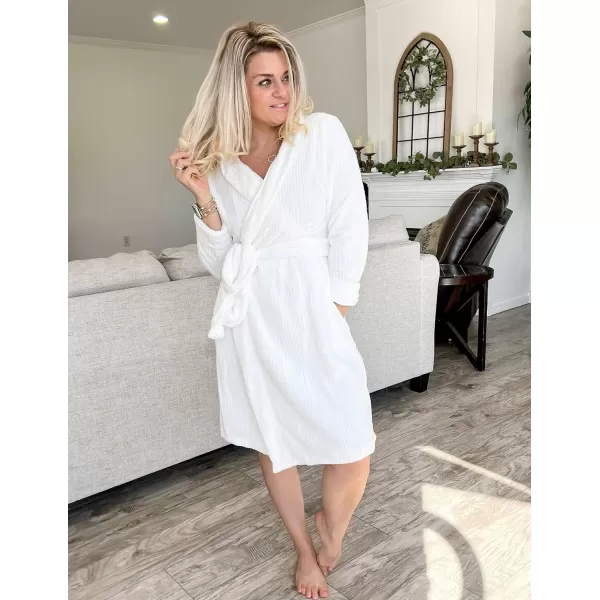 Ekouaer Women Fleece Bathrobe Plush Short Robe Long Sleeve Robe Attached Belt Soft Sleepwear Ladies Loungewear SXXLWhite