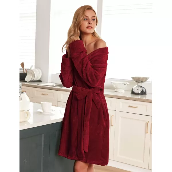 Ekouaer Women Fleece Bathrobe Plush Short Robe Long Sleeve Robe Attached Belt Soft Sleepwear Ladies Loungewear SXXLWine Red