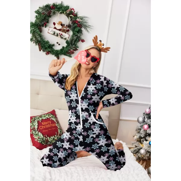 Ekouaer Women Hooded Jumpsuit Long Sleeve Onesies Zip Up One Piece Pajamas Novelty Sleepwear for WomenChristmassnowflake2